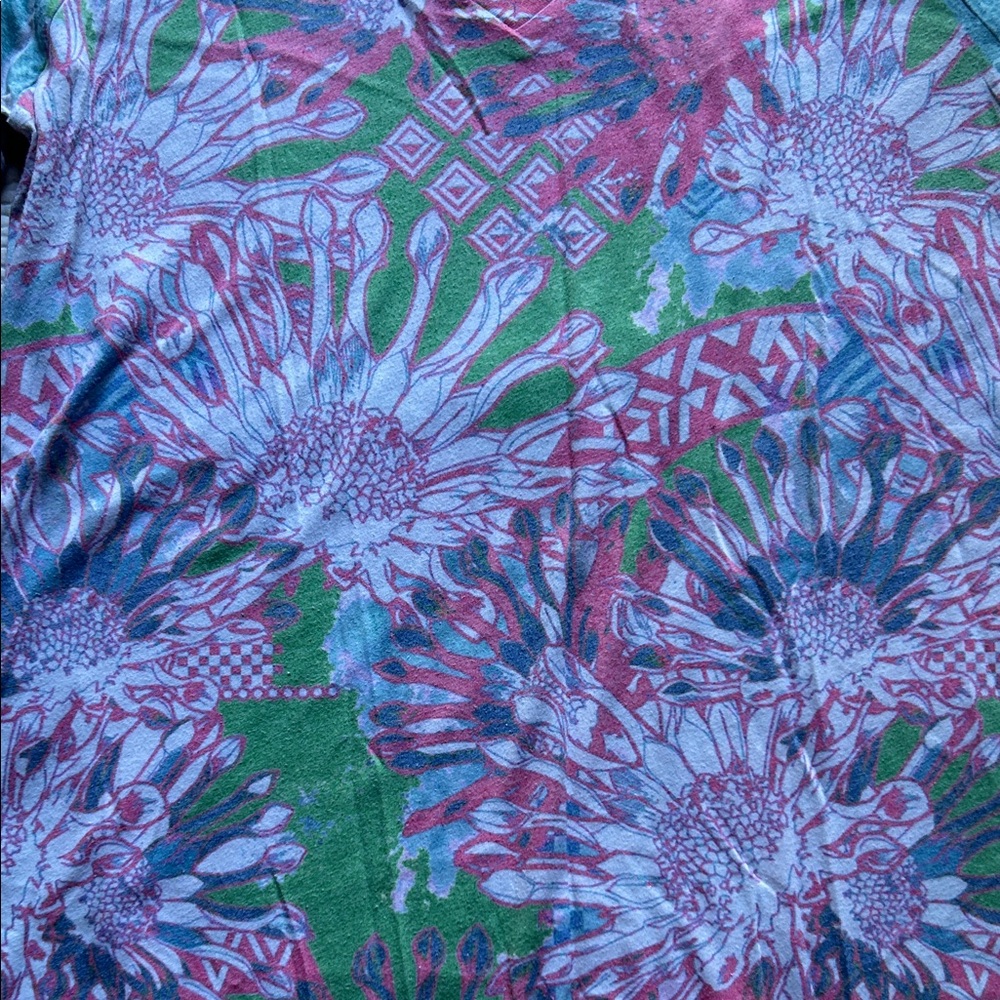 Funky Fractal Floral Mini Dress with V-Neck and Aqua Patterned Sleeves, XS - Picture 6 of 8